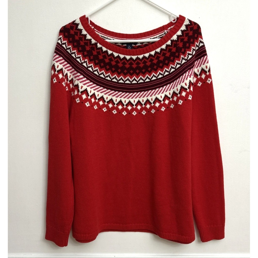Lands' End Fair Isle Red Pull Over Sweater Women's Sz L Cotton Blend